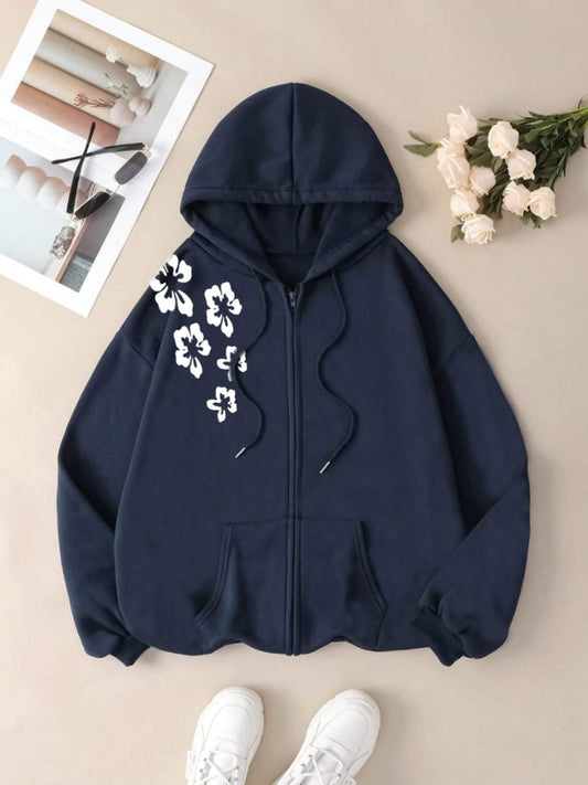 NAVY BLUE ZIPPER SHOULDER FLOWERS